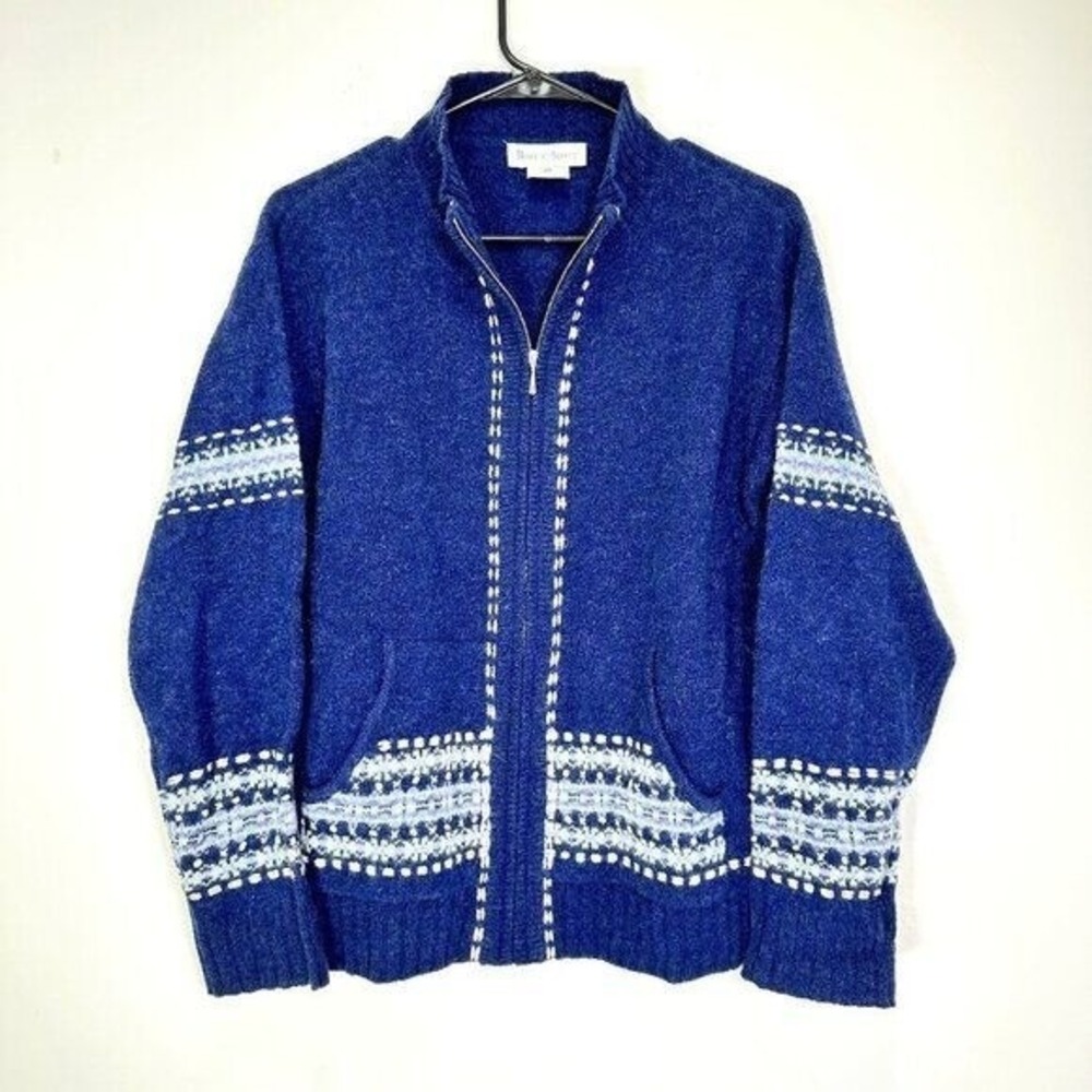 Robert Scott Vintage 100% Wool Fair Isle Zip Up Cardigan Navy Blue‎ Cream Size M
